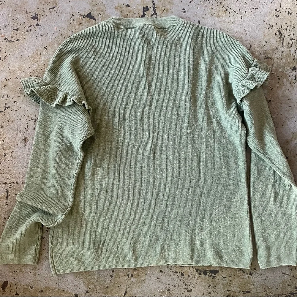 J. Crew Women's Sage Green Cotton Ruffle Long Sleeve Lightweight Sweater Sz L